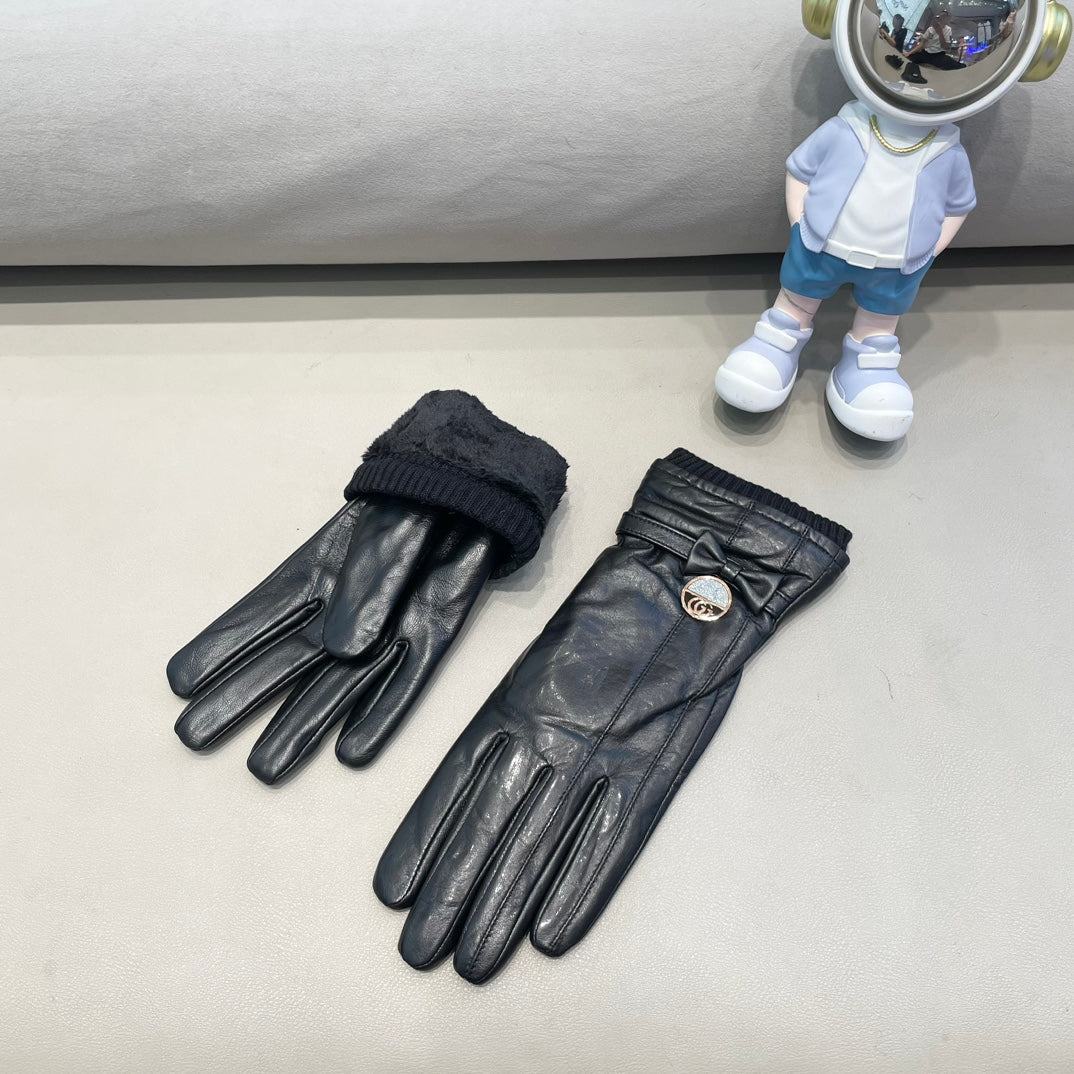 GLOVES ATTACHED BOW IN BLACK LAMBSKIN AND WOOL 429202
