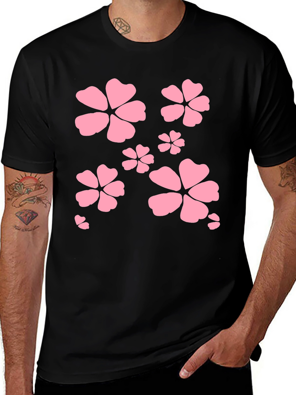 Black T-Shirt with Pink Flower Design