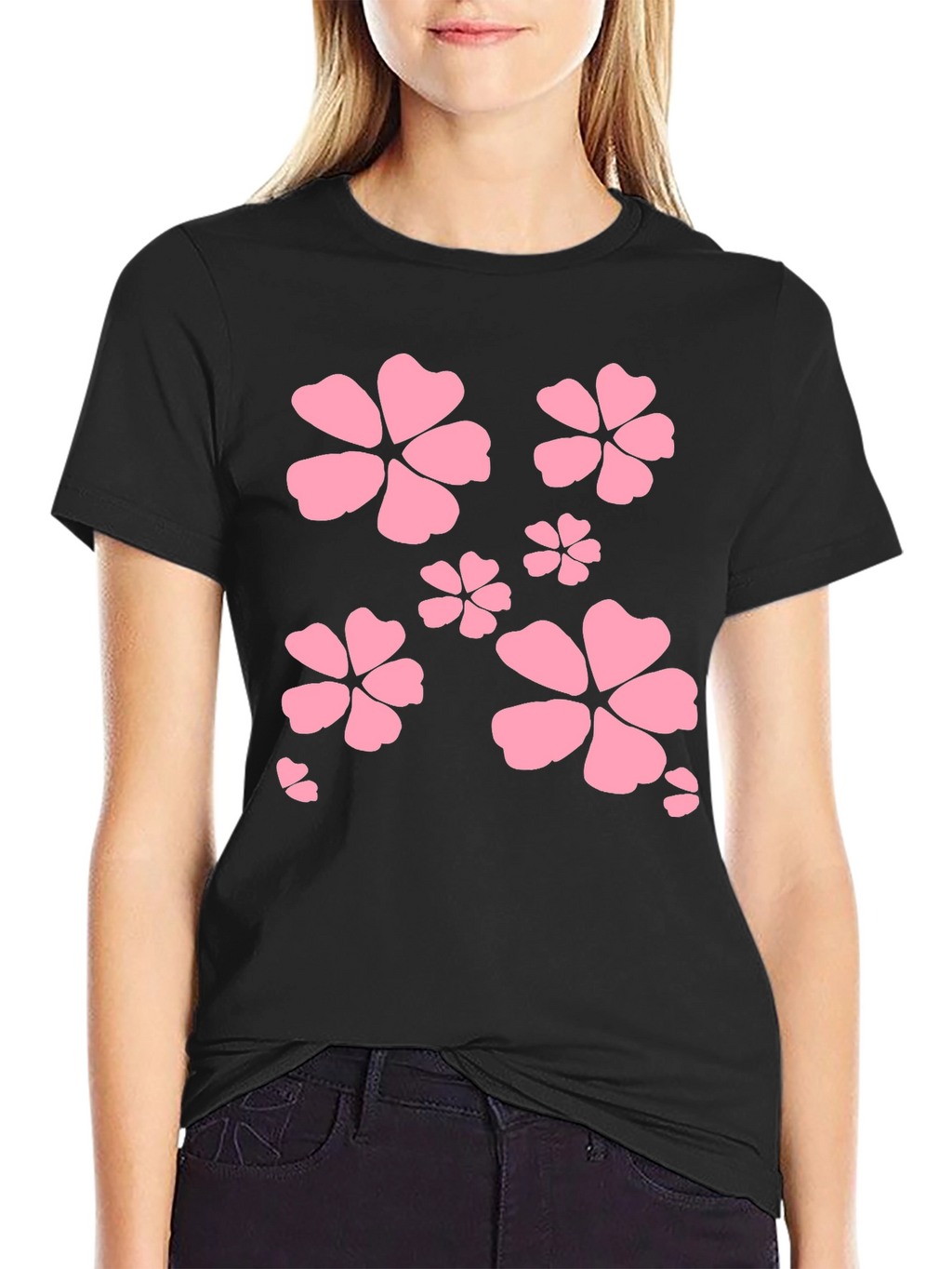 Black T-Shirt with Pink Flower Design