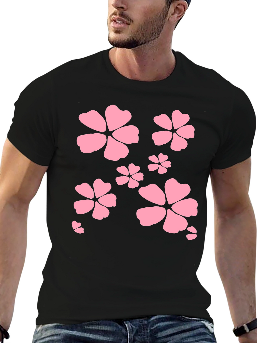 Black T-Shirt with Pink Flower Design