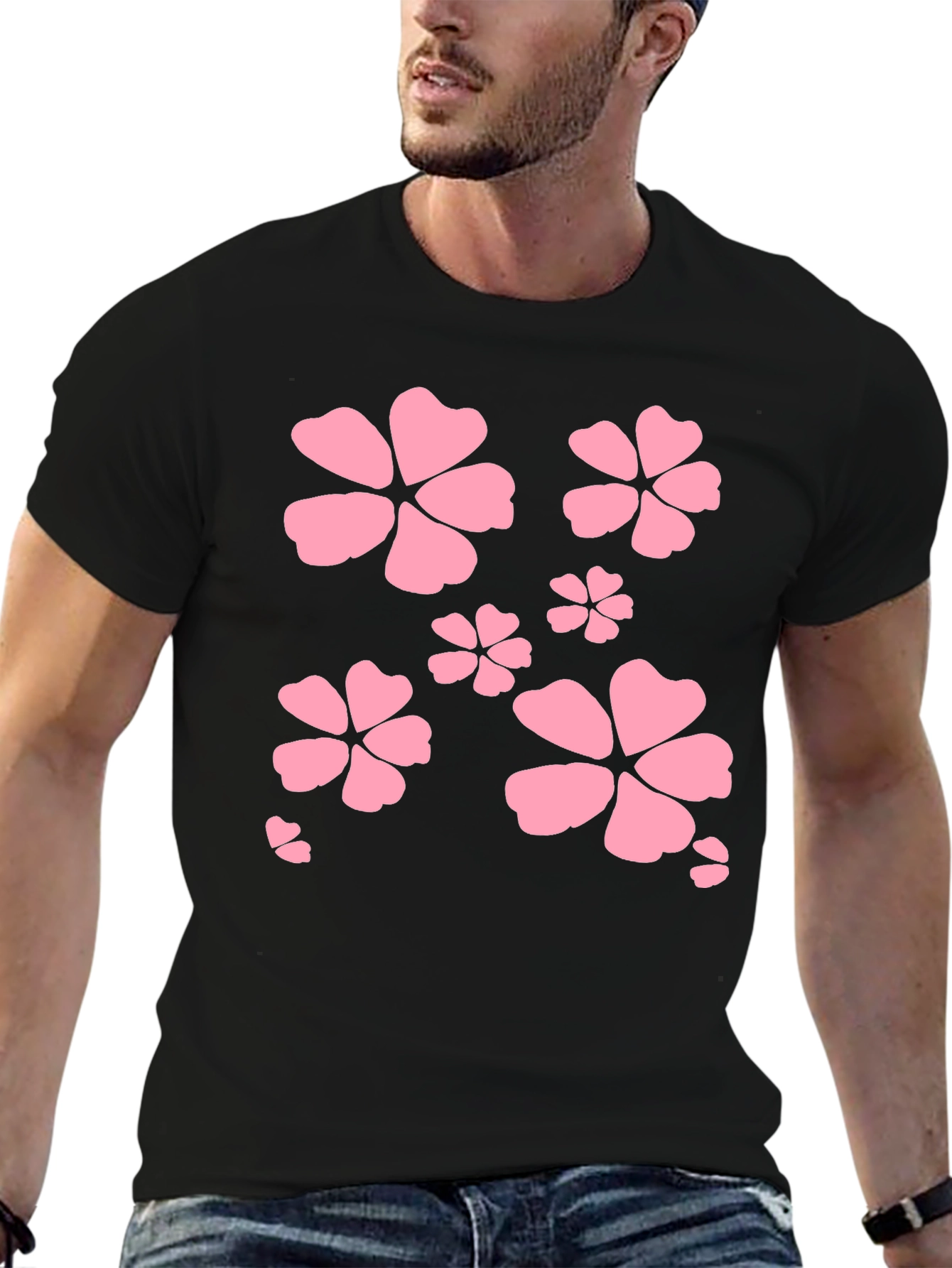 Black T-Shirt with Pink Flower Design