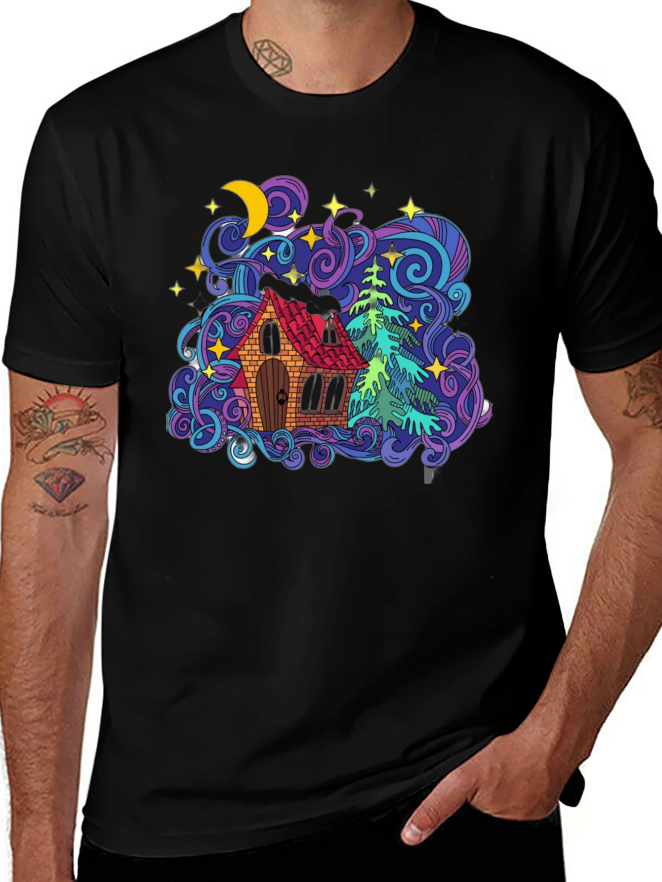Colorful House & Tree Graphic Tee - Black