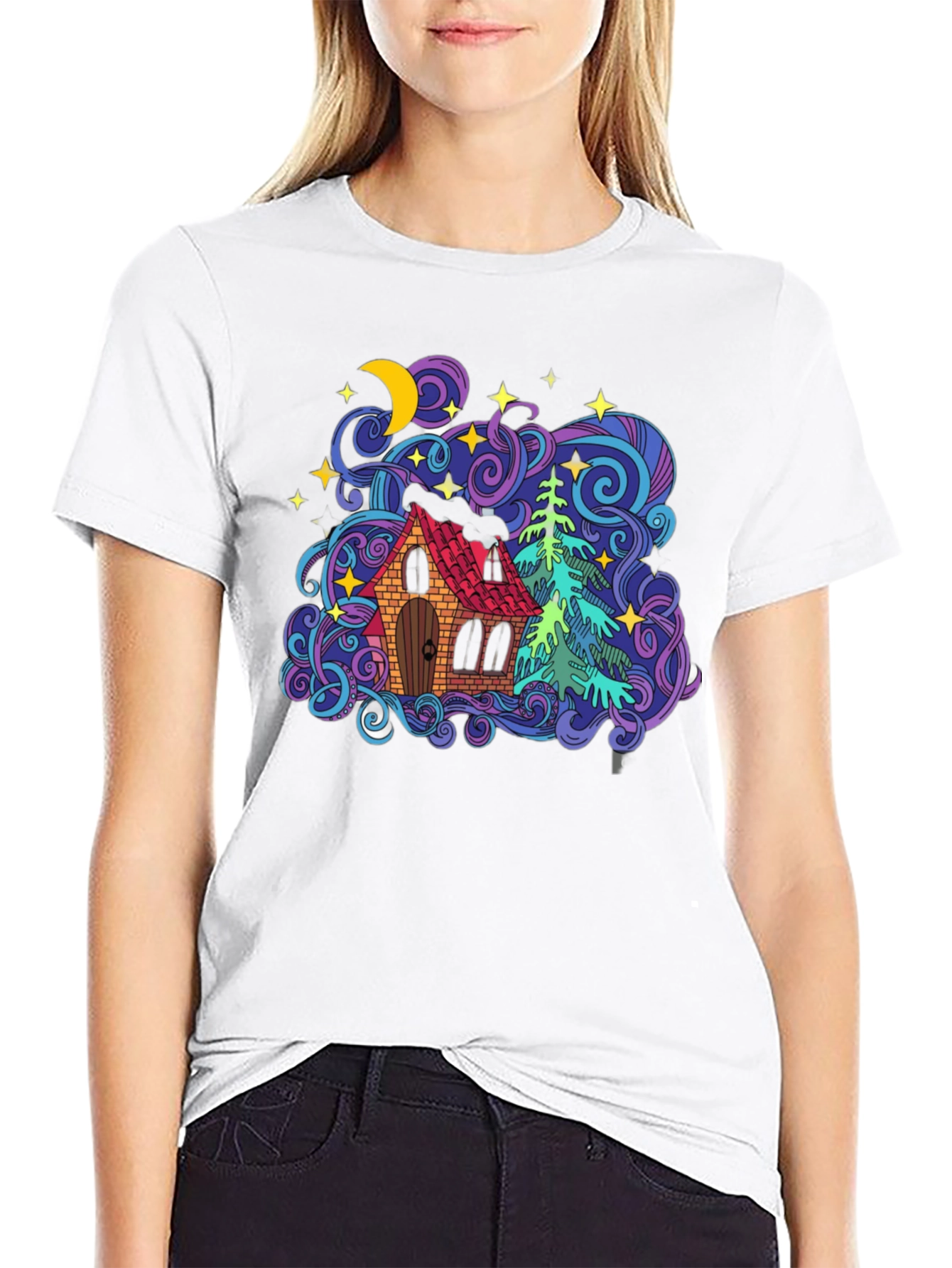 Colorful House & Tree Graphic Tee - Black