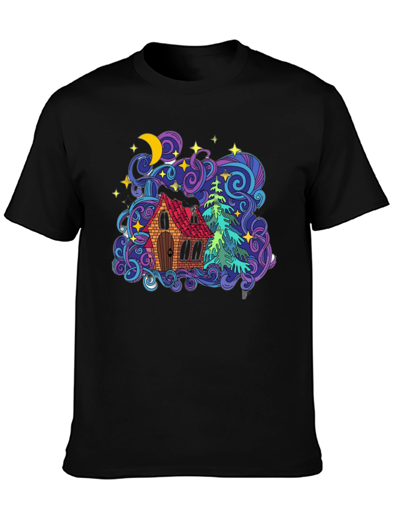 Colorful House & Tree Graphic Tee - Black