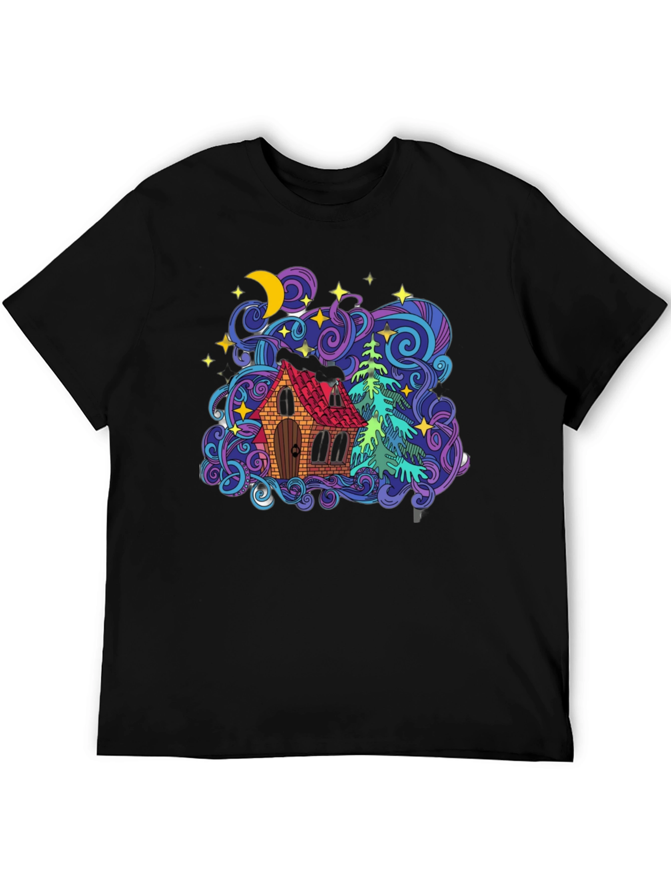 Colorful House & Tree Graphic Tee - Black
