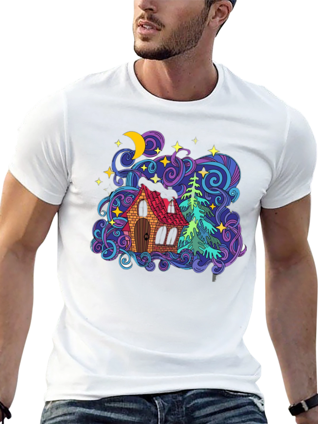 Colorful House & Tree Graphic Tee - Black
