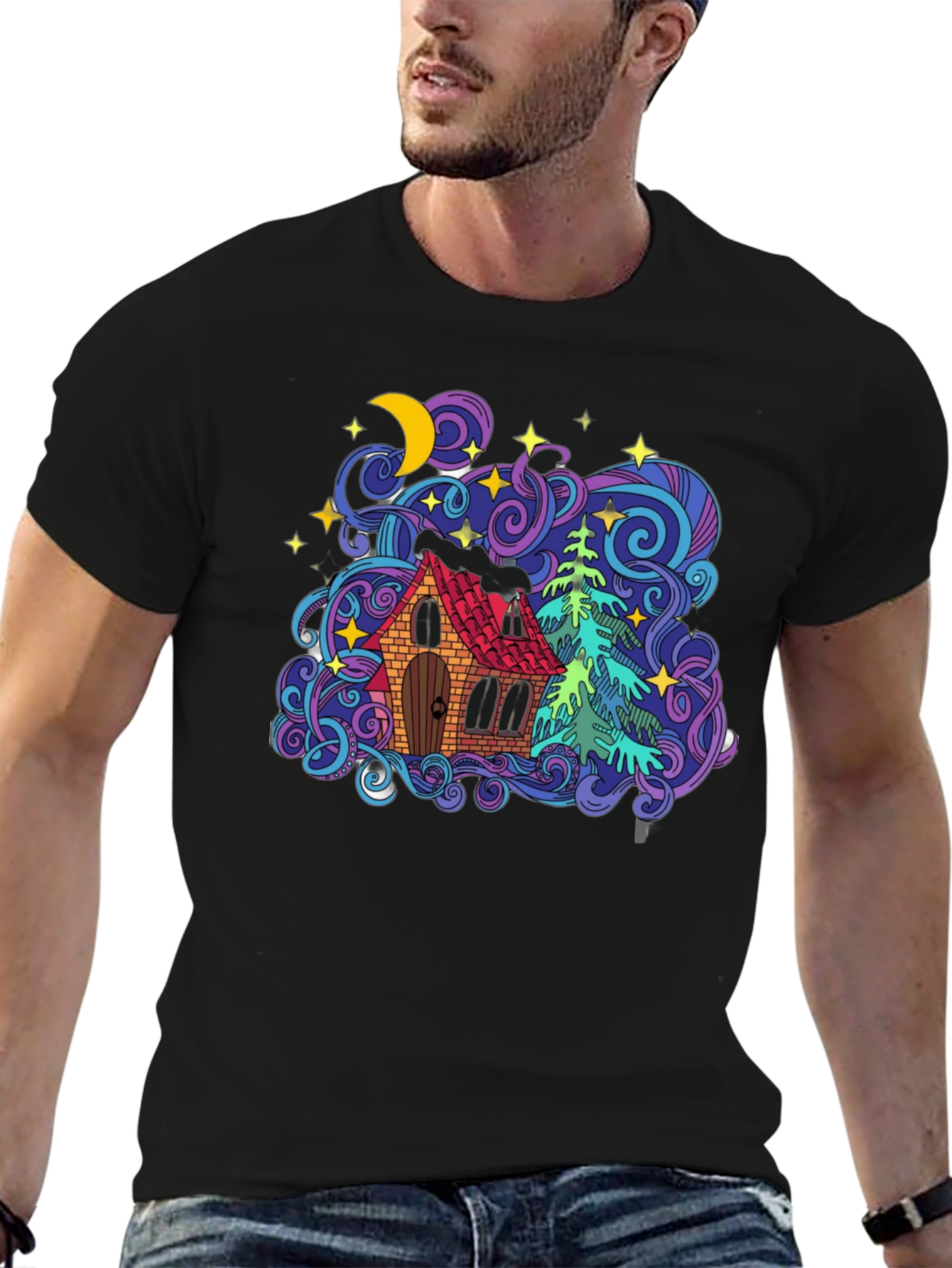 Colorful House & Tree Graphic Tee - Black