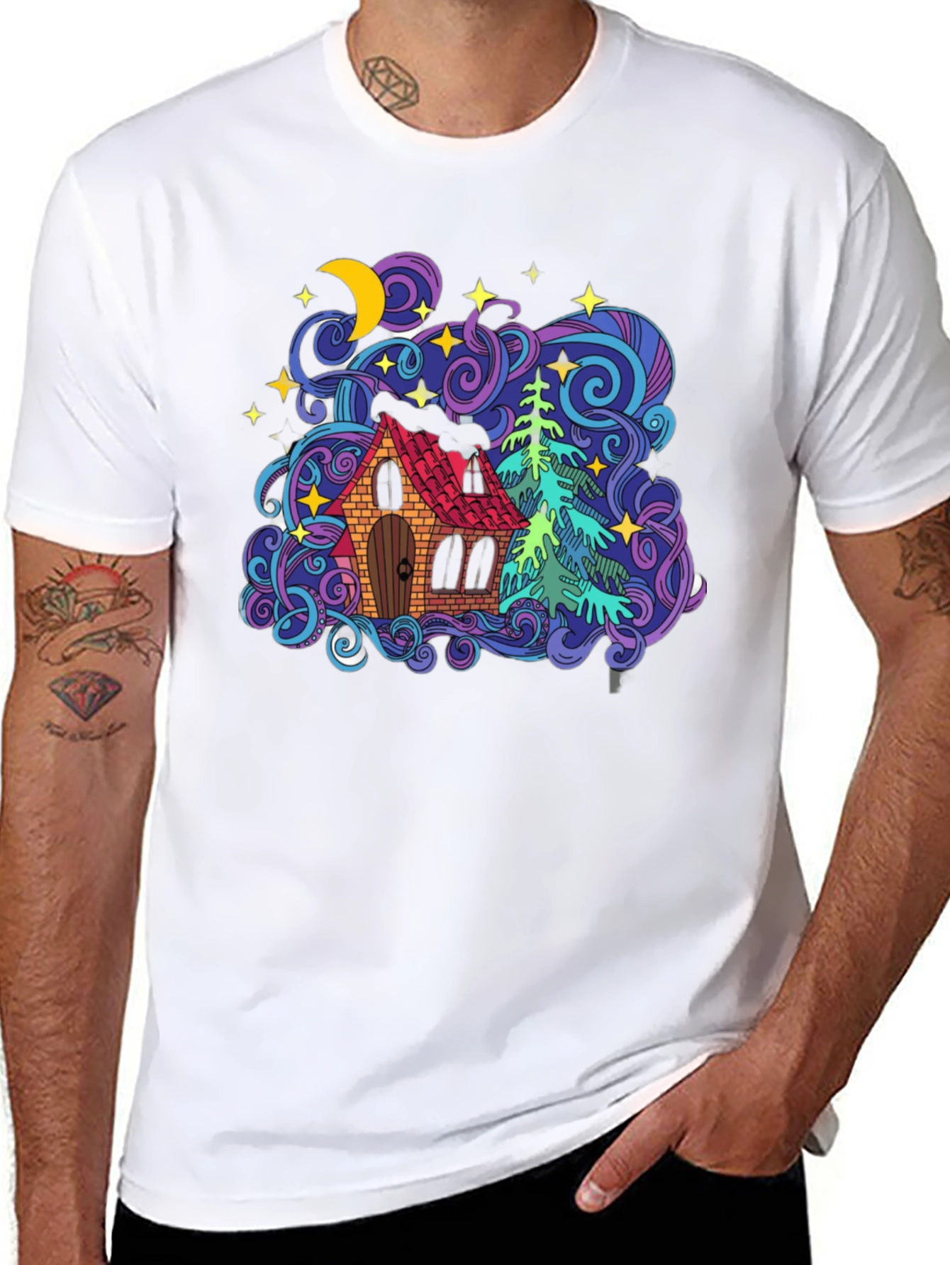 Colorful House & Tree Graphic Tee - Black