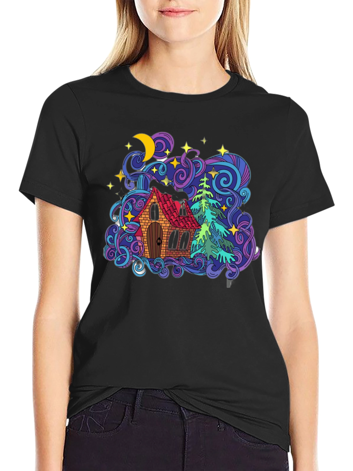 Colorful House & Tree Graphic Tee - Black