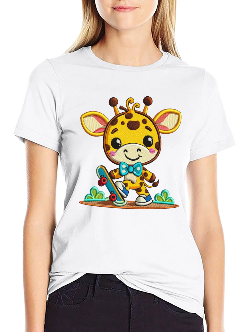 Cute Giraffe Skateboarder Graphic Tee