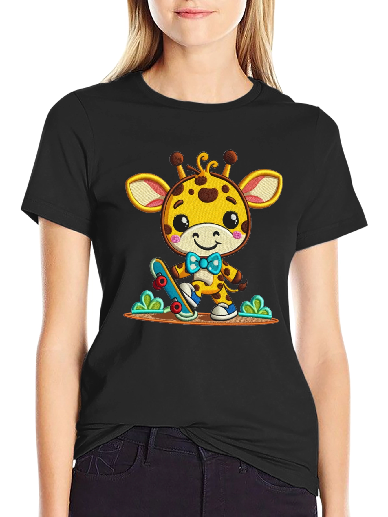 Cute Giraffe Skateboarder Graphic Tee