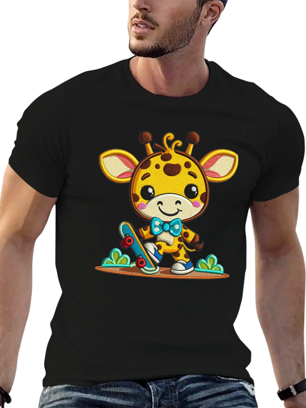 Cute Giraffe Skateboarder Graphic Tee