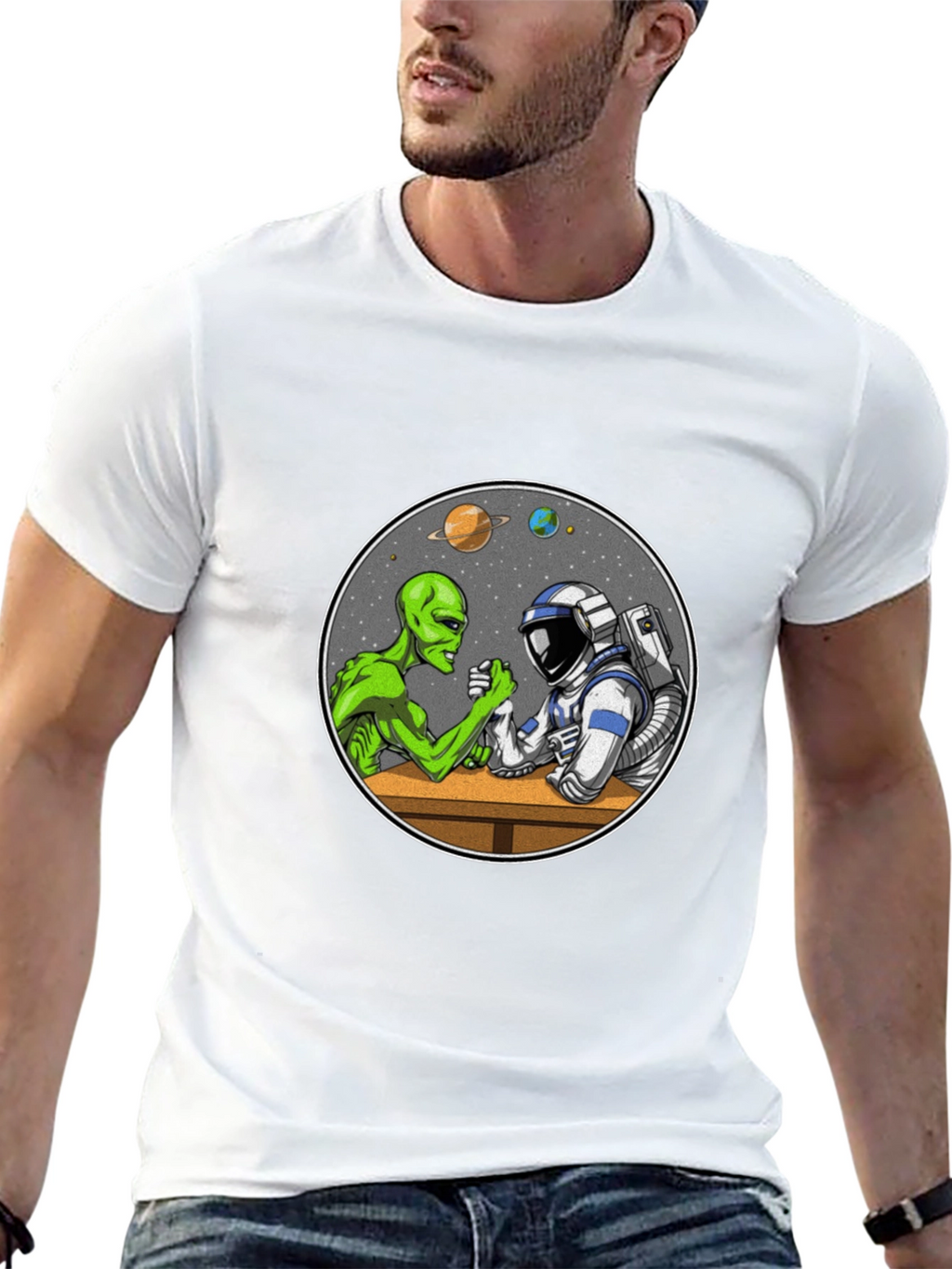 Alien vs Astronaut Arm Wrestle Black T-Shirt