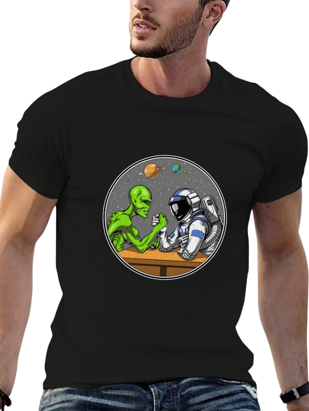 Alien vs Astronaut Arm Wrestle Black T-Shirt