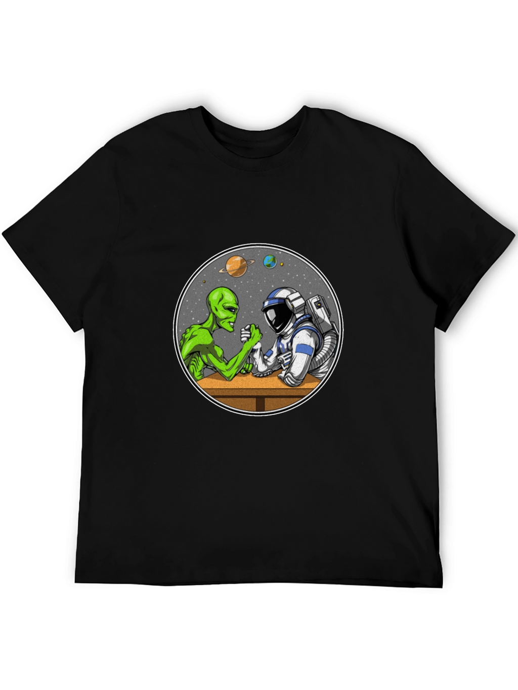 Alien vs Astronaut Arm Wrestle Black T-Shirt