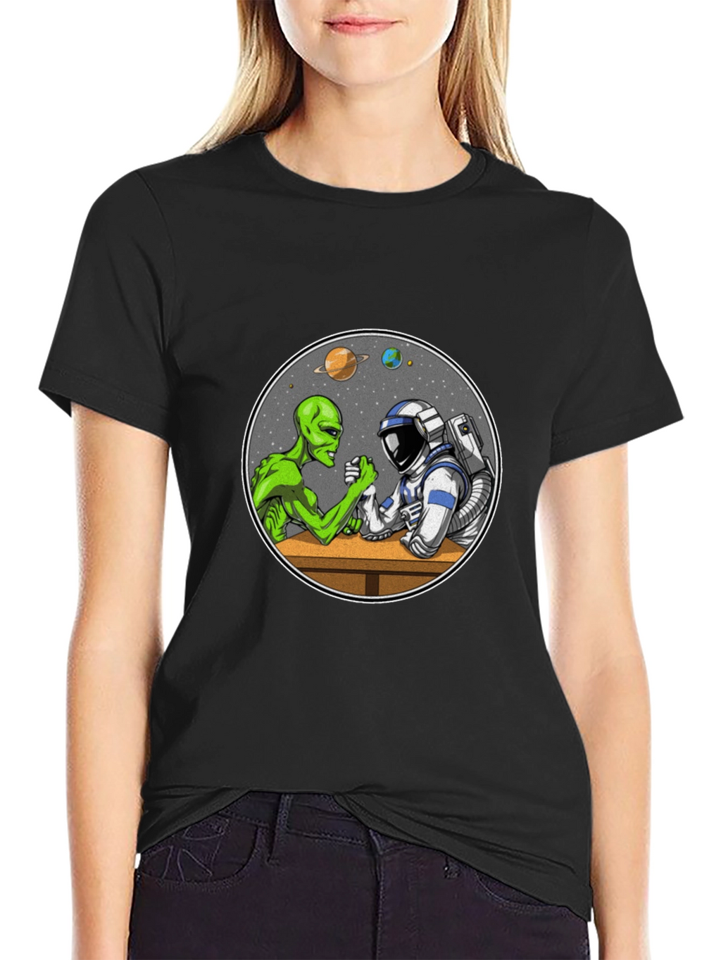 Alien vs Astronaut Arm Wrestle Black T-Shirt