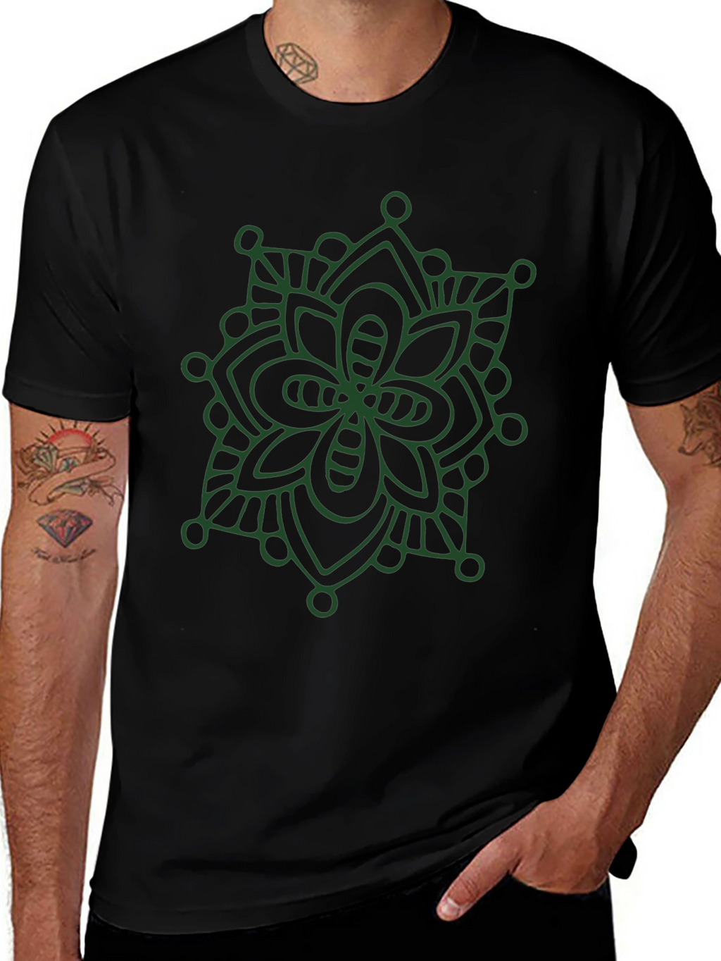 Black T-Shirt with Green Mandala Design