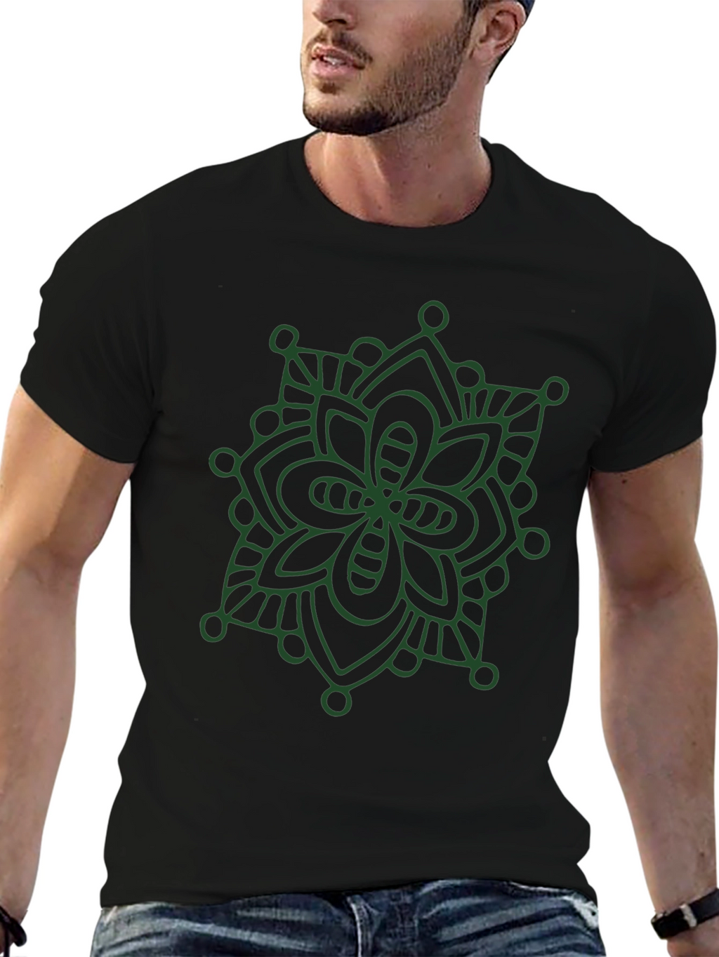 Black T-Shirt with Green Mandala Design