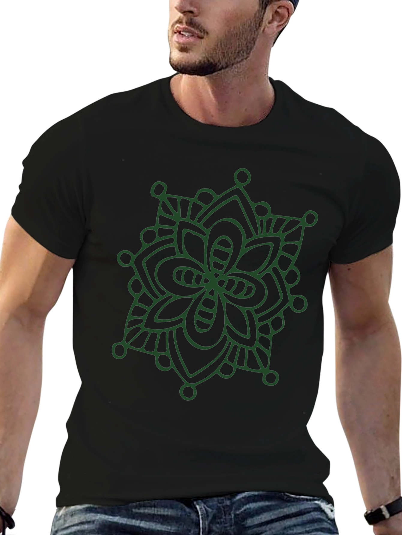 Black T-Shirt with Green Mandala Design