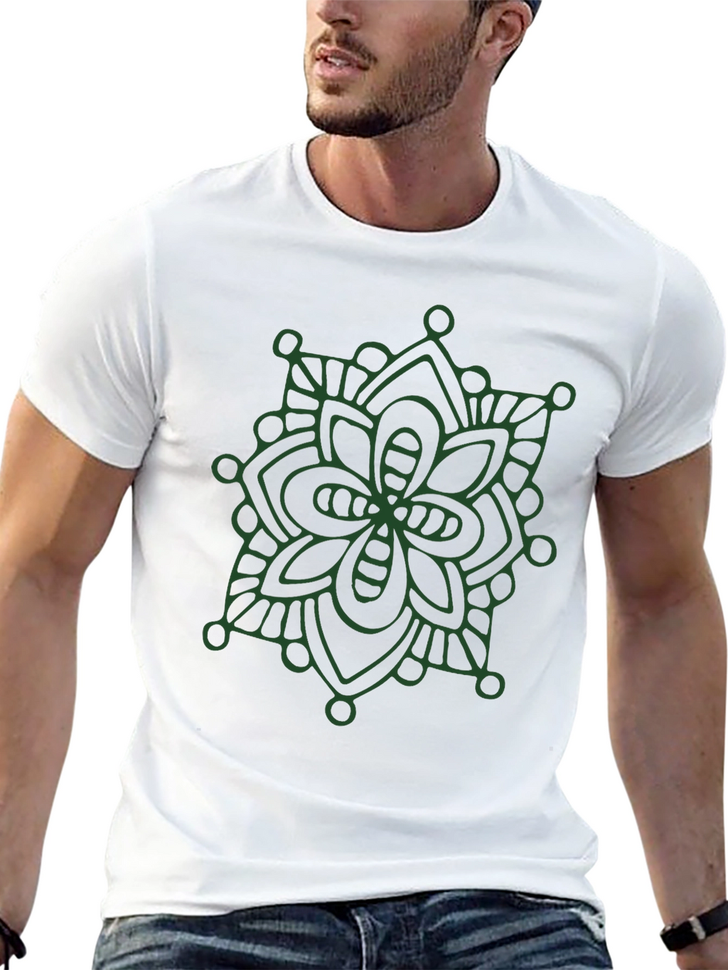 Black T-Shirt with Green Mandala Design