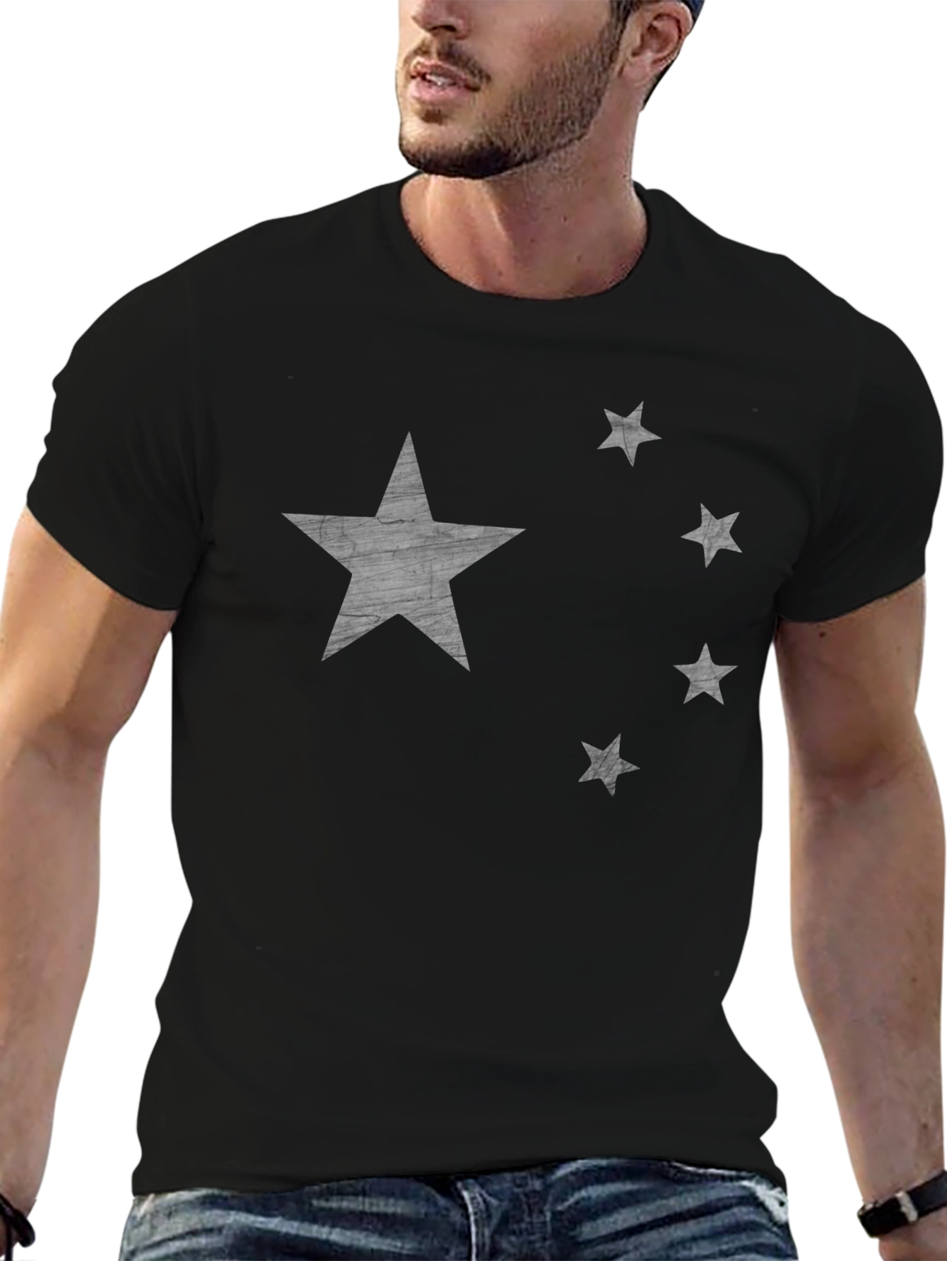Distressed Star Graphic Tee - Black Cotton Shirt