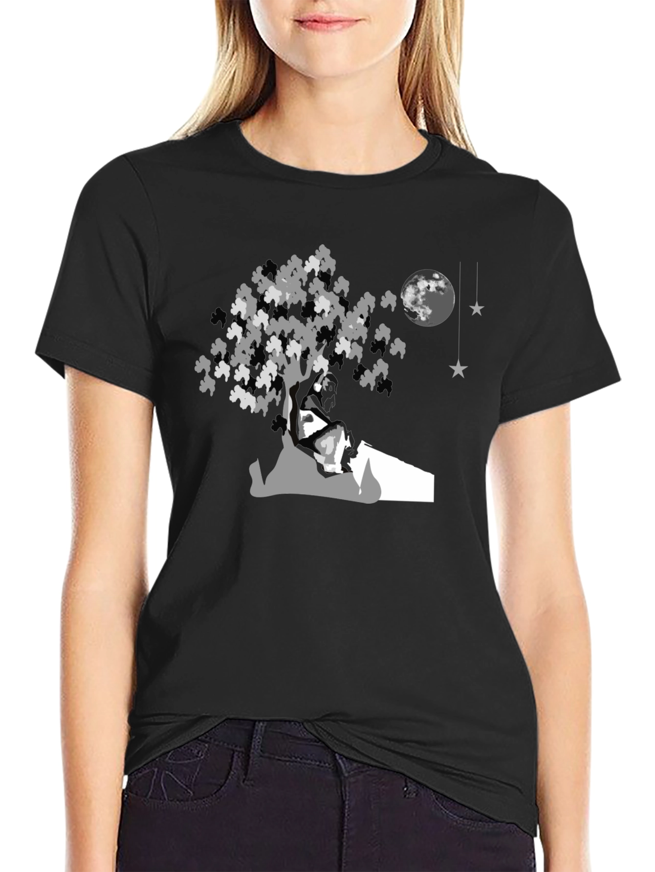 Moonlit Tree Graphic Tee - Black Cotton Comfort