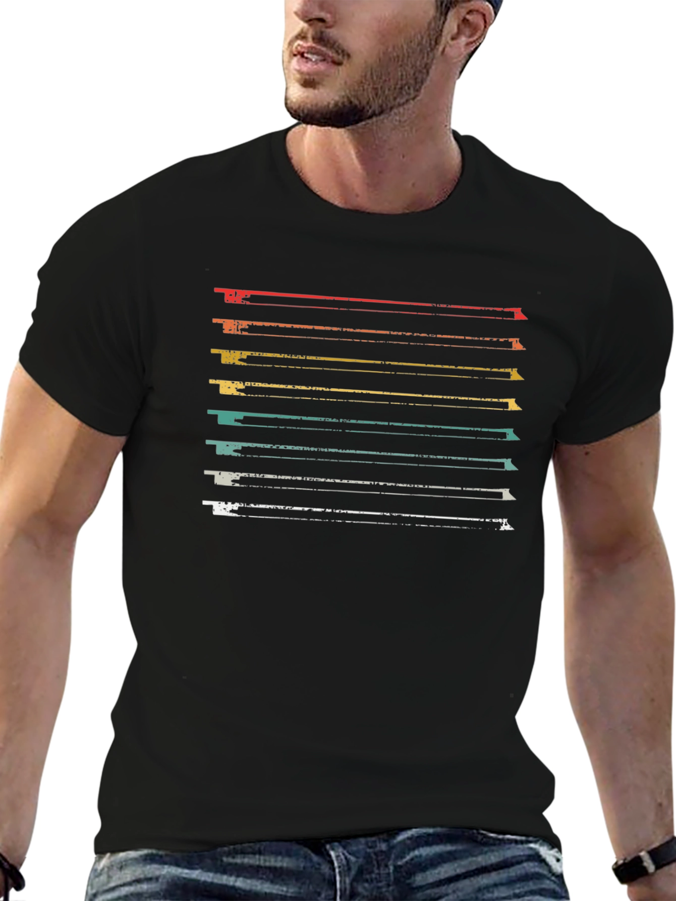 Retro Striped Graphic Tee - Soft Black Cotton