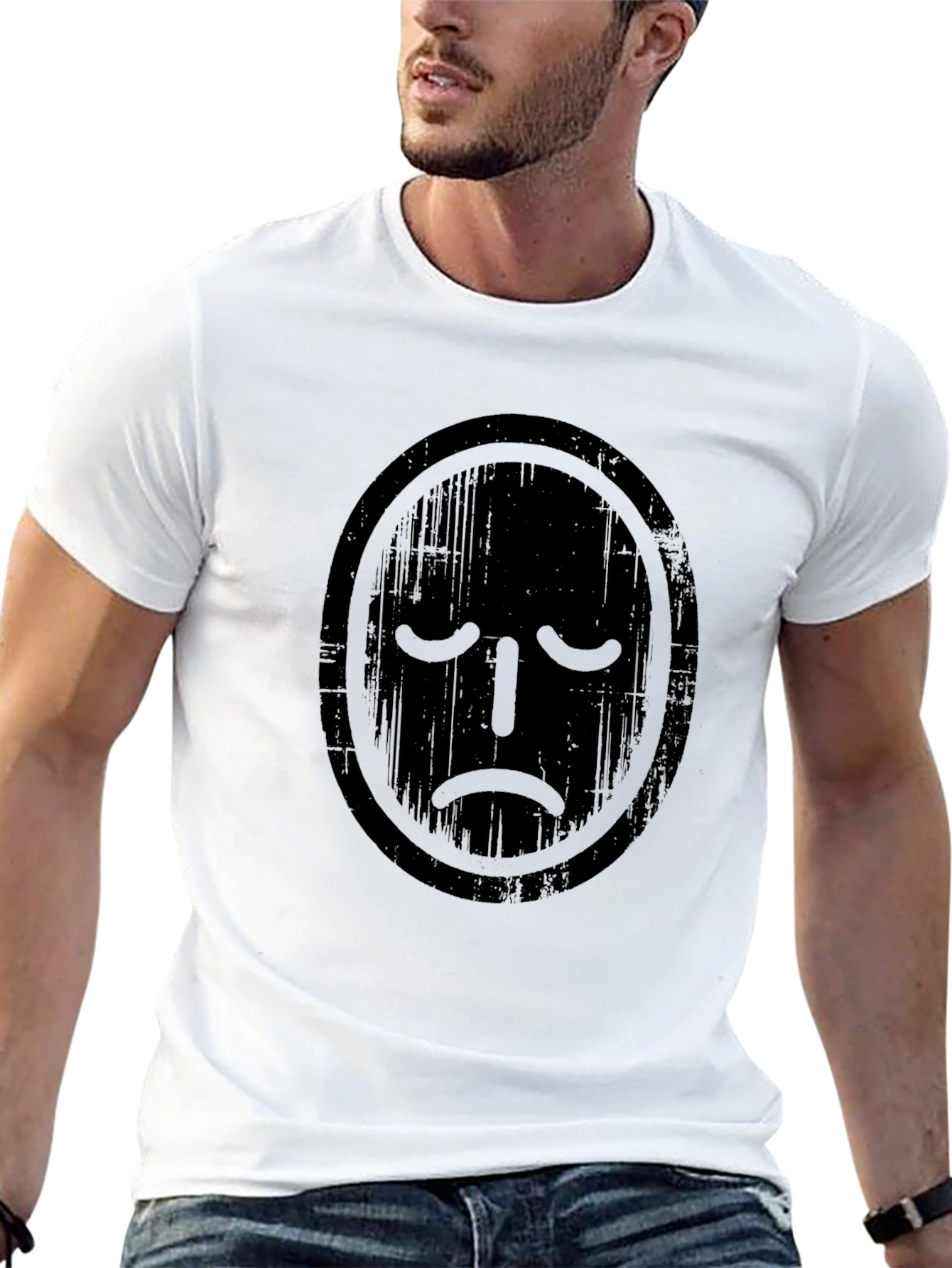 Distressed Sad Face Graphic Tee - Black Casual T-Shirt