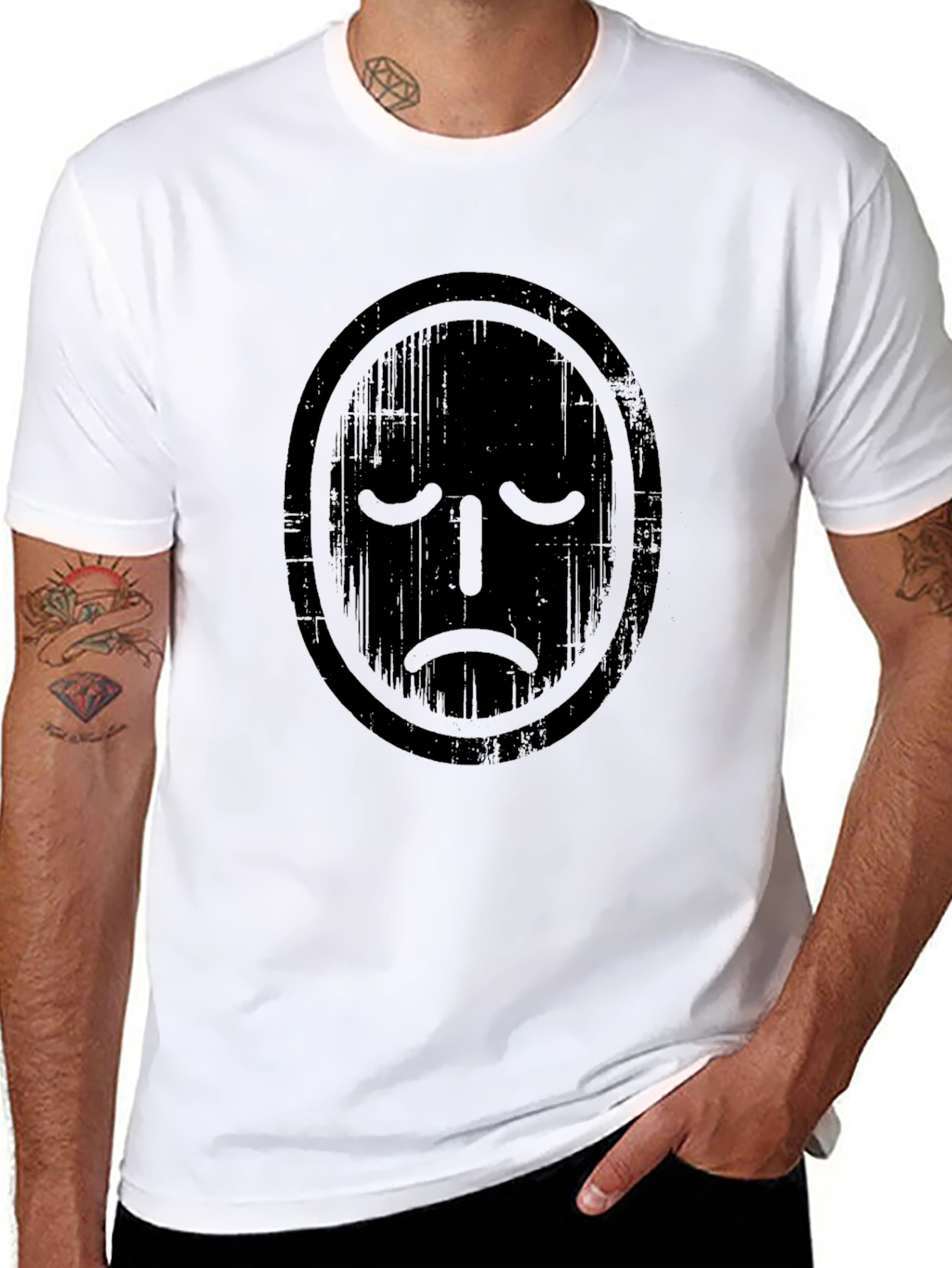 Distressed Sad Face Graphic Tee - Black Casual T-Shirt