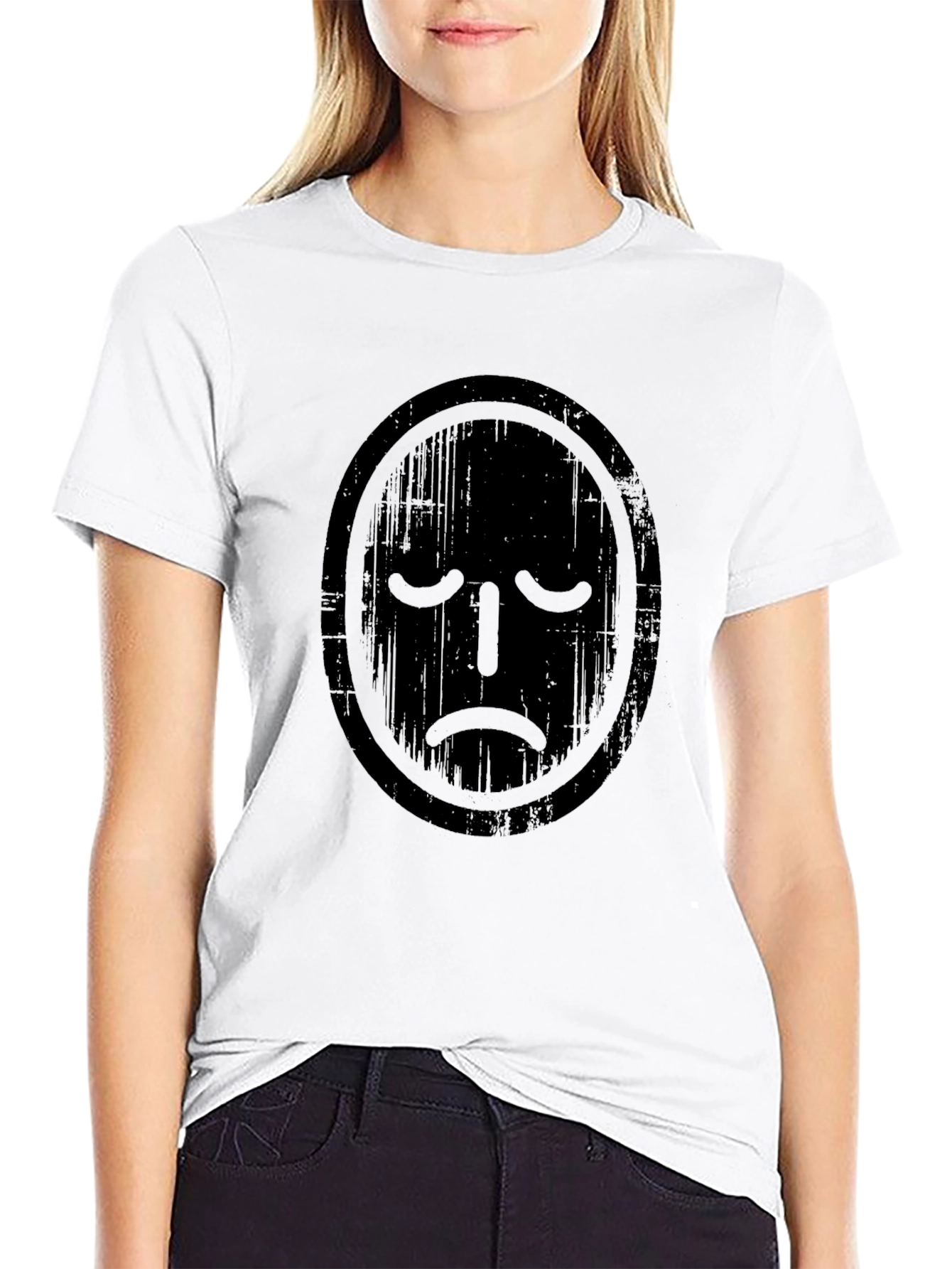 Distressed Sad Face Graphic Tee - Black Casual T-Shirt