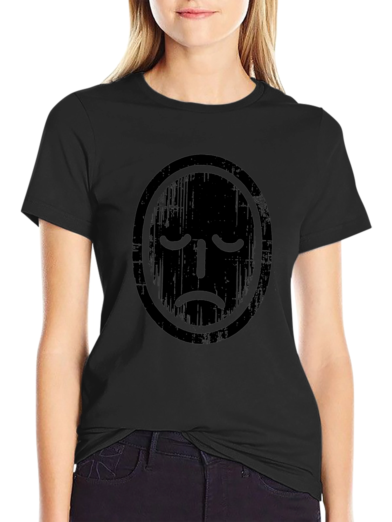 Distressed Sad Face Graphic Tee - Black Casual T-Shirt