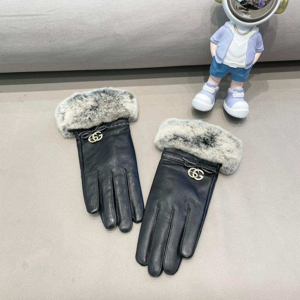 FUR-TRIMMED LAMBSKIN GLOVES BLACK WITH BOW 456265