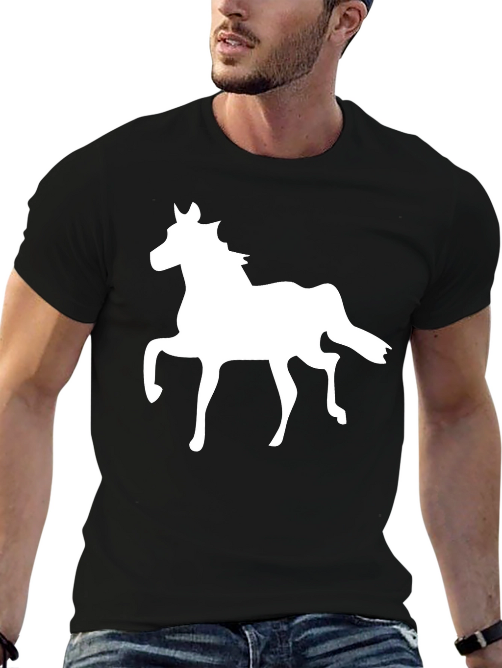 Black T-Shirt with White Horse Graphic