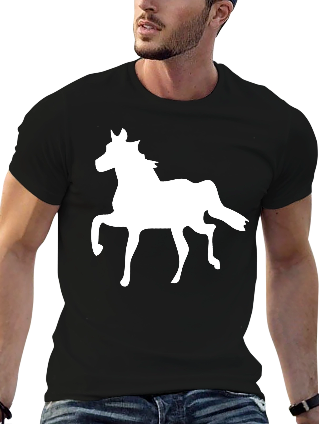Black T-Shirt with White Horse Graphic