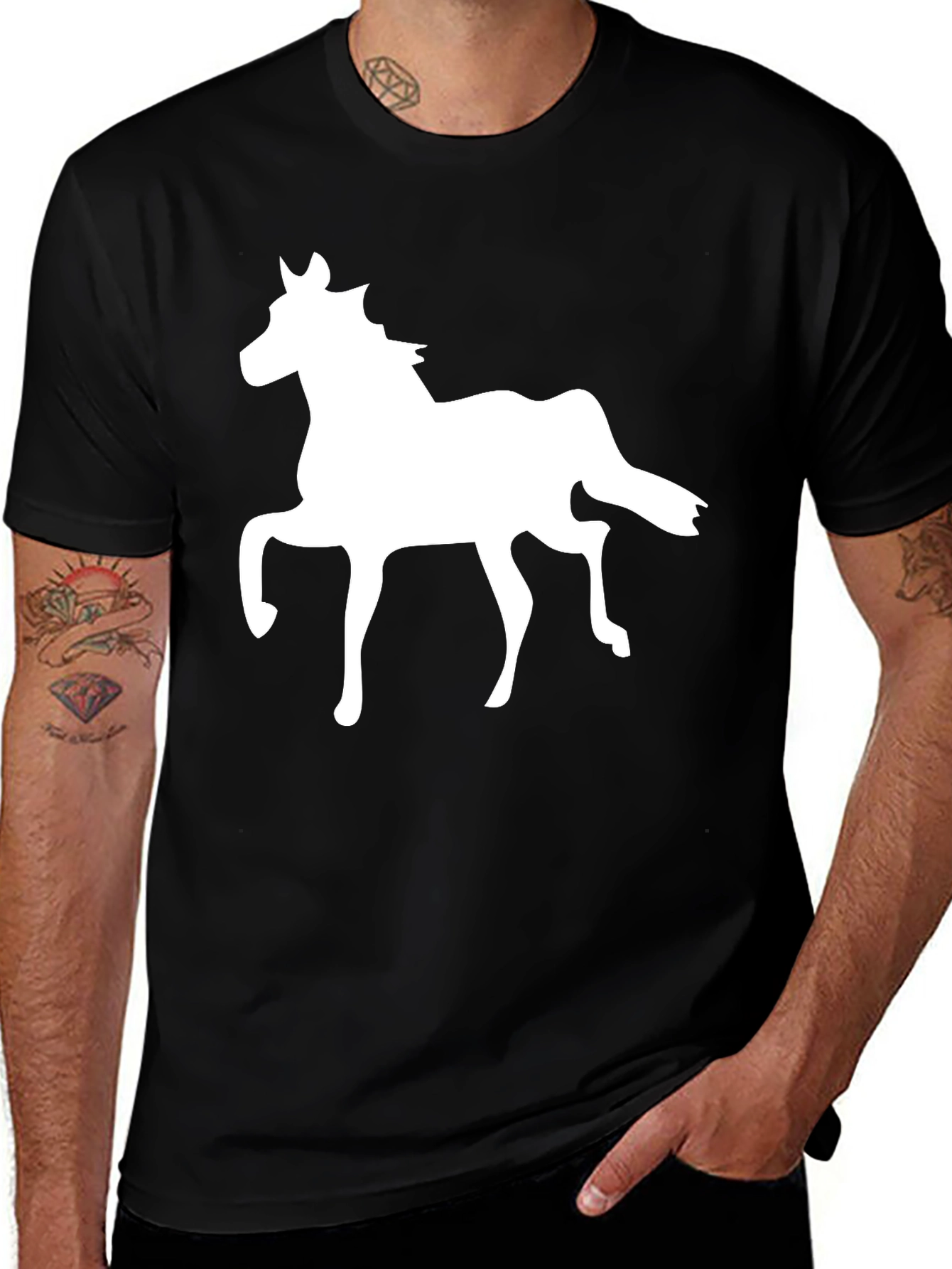 Black T-Shirt with White Horse Graphic