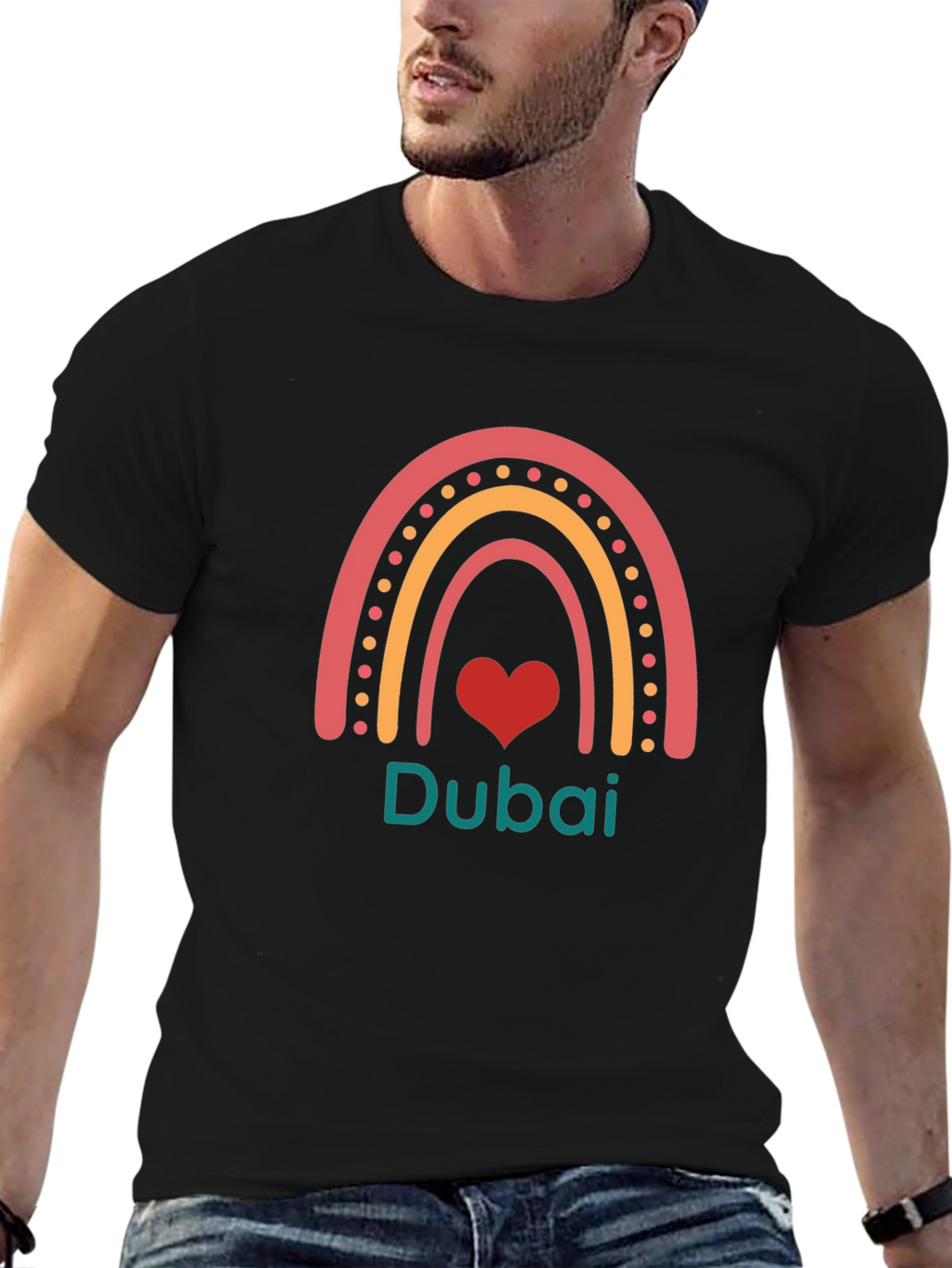 Dubai Rainbow Heart Graphic Black T-Shirt