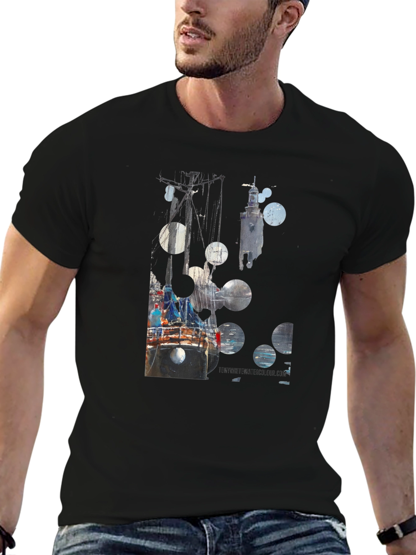 Abstract Boat Print Black T-Shirt
