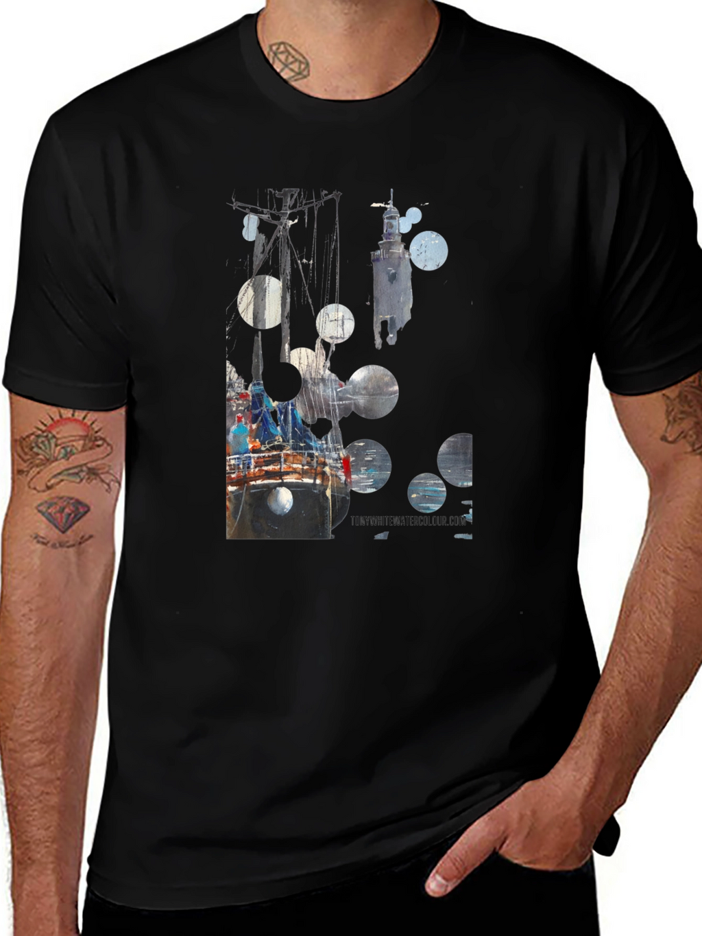 Abstract Boat Print Black T-Shirt