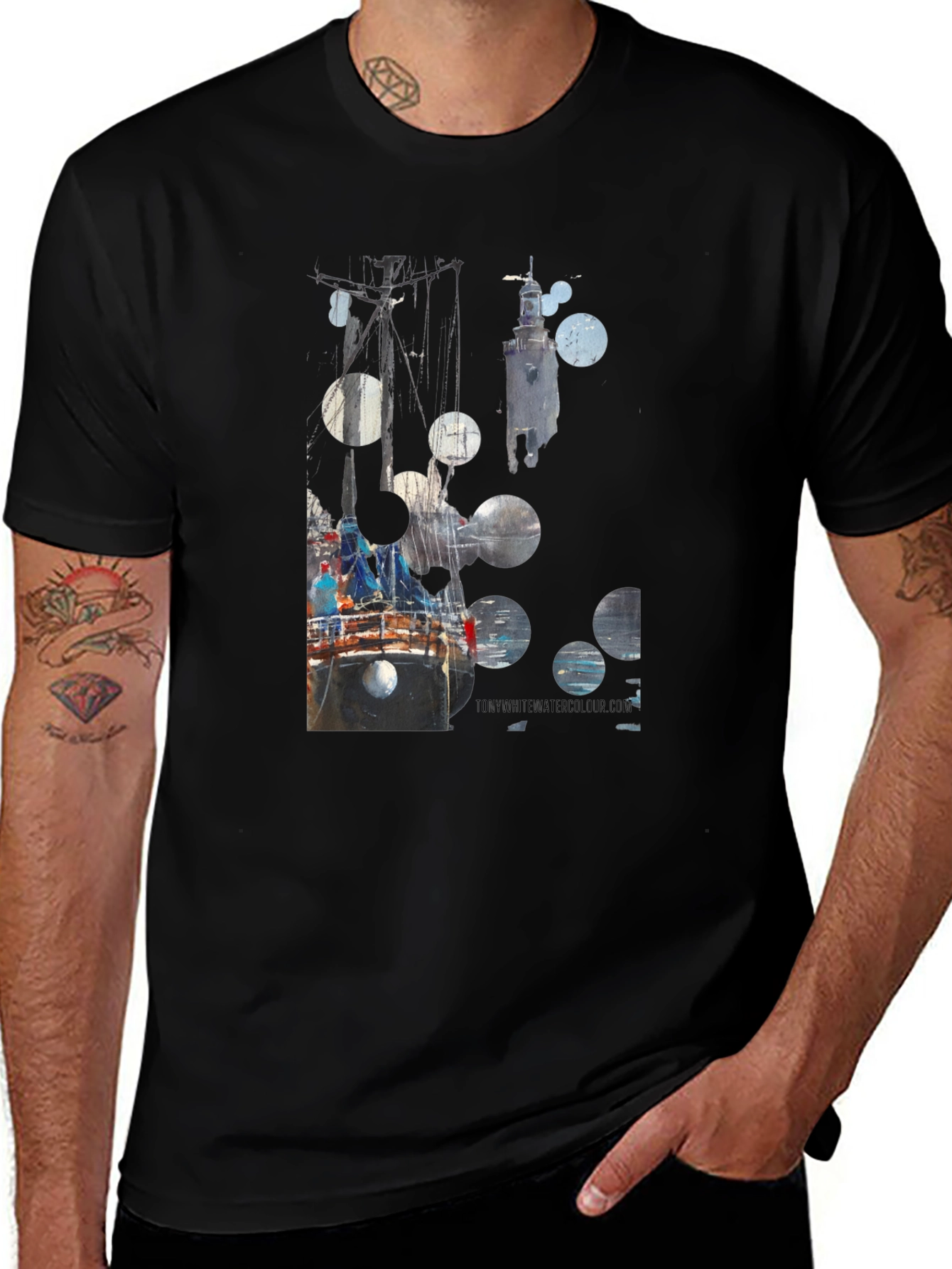 Abstract Boat Print Black T-Shirt