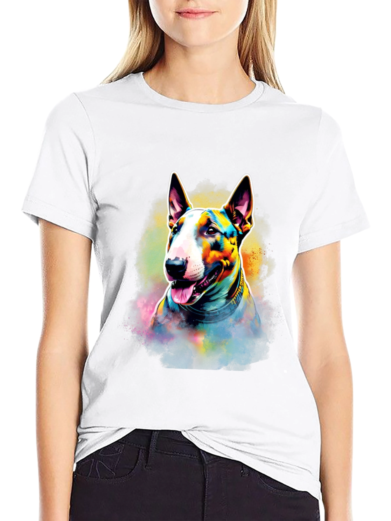 Colorful Bull Terrier Dog Graphic T-Shirt - Black