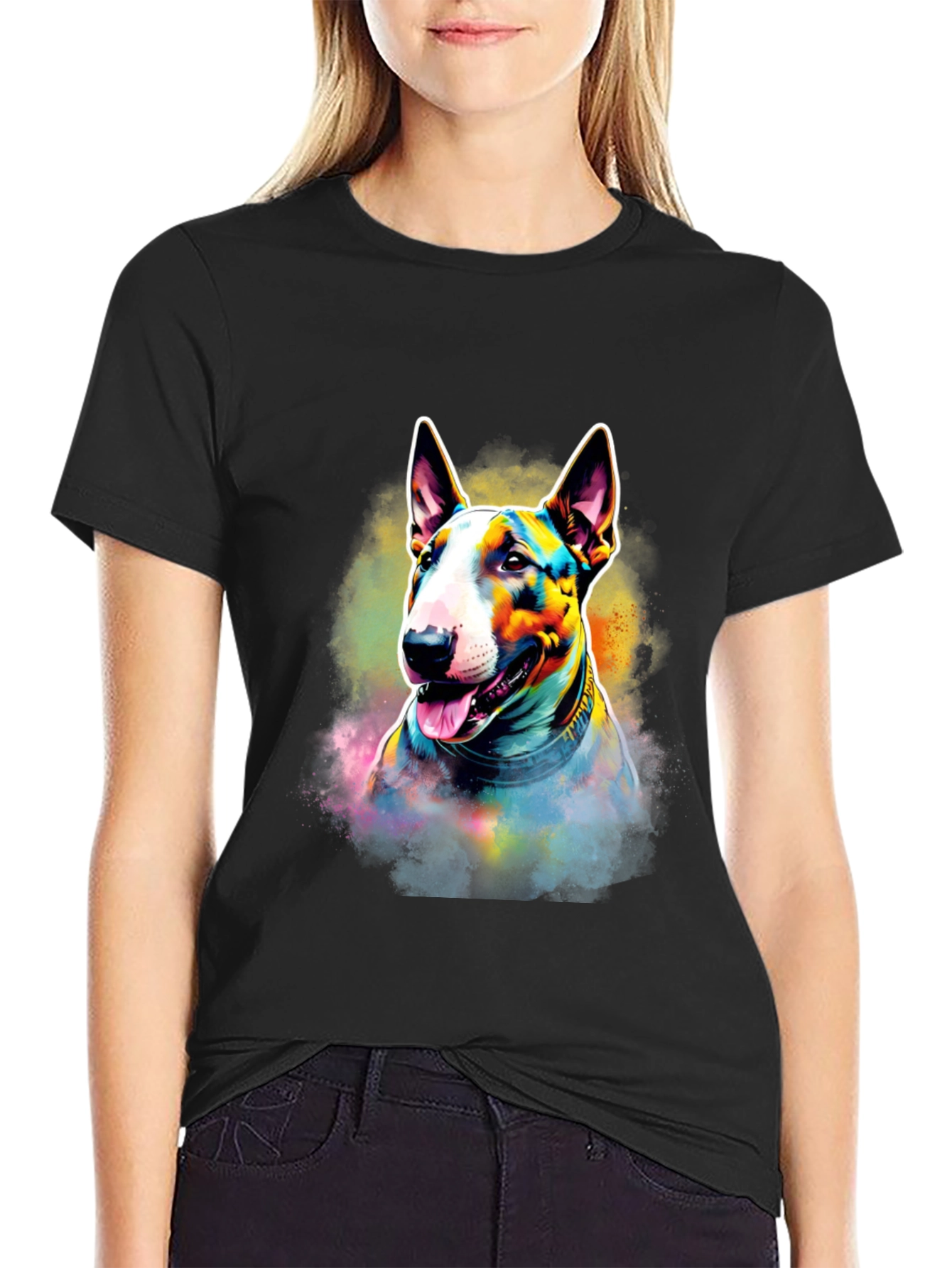 Colorful Bull Terrier Dog Graphic T-Shirt - Black