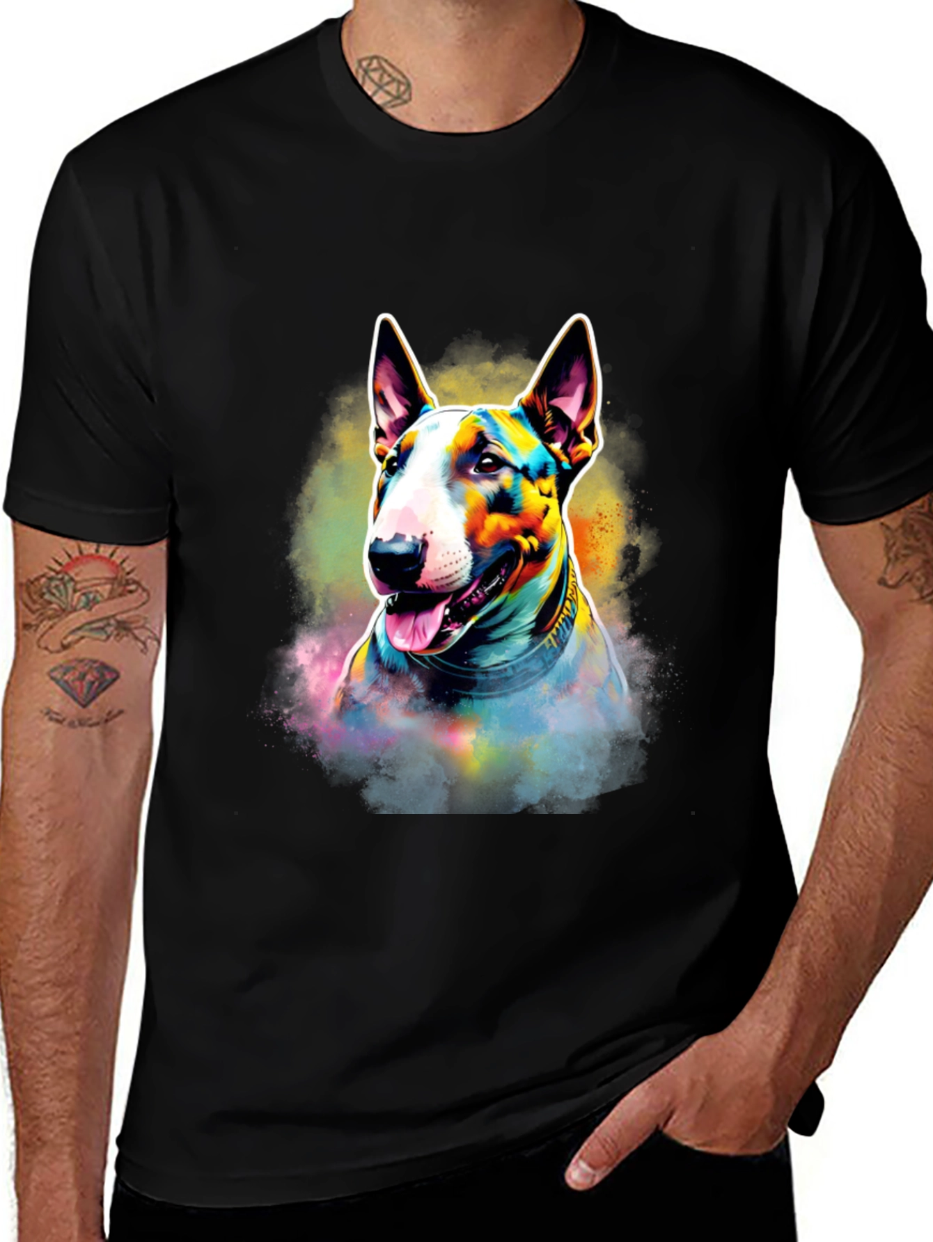 Colorful Bull Terrier Dog Graphic T-Shirt - Black