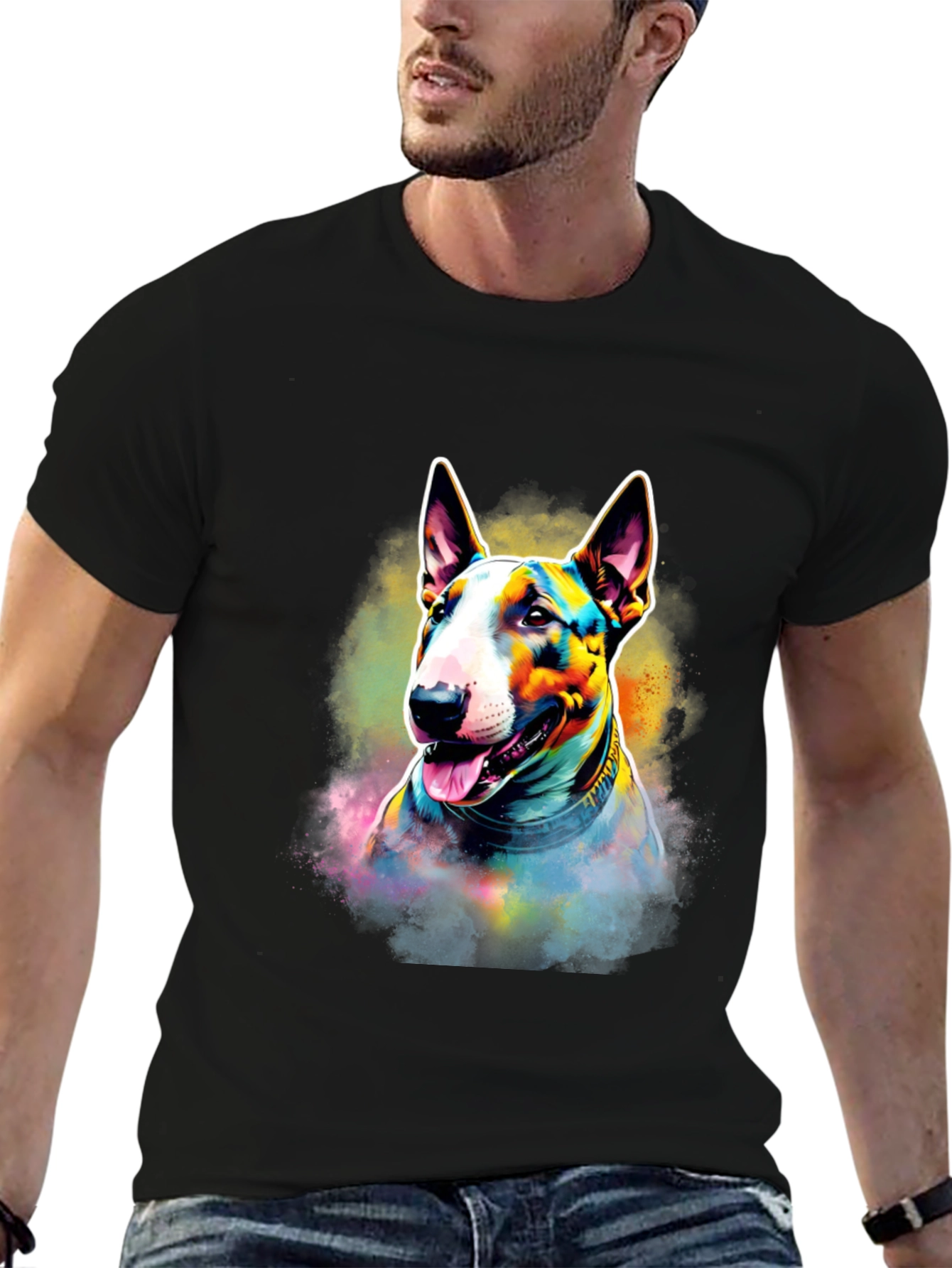 Colorful Bull Terrier Dog Graphic T-Shirt - Black
