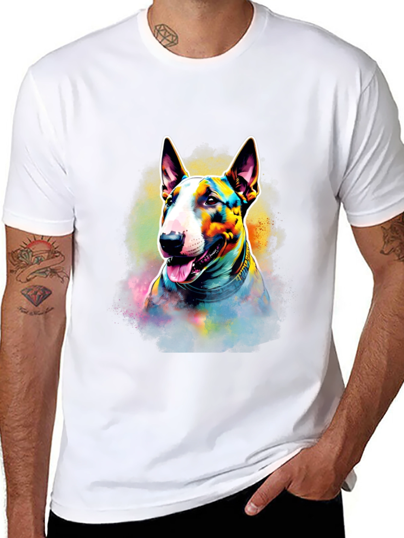Colorful Bull Terrier Dog Graphic T-Shirt - Black