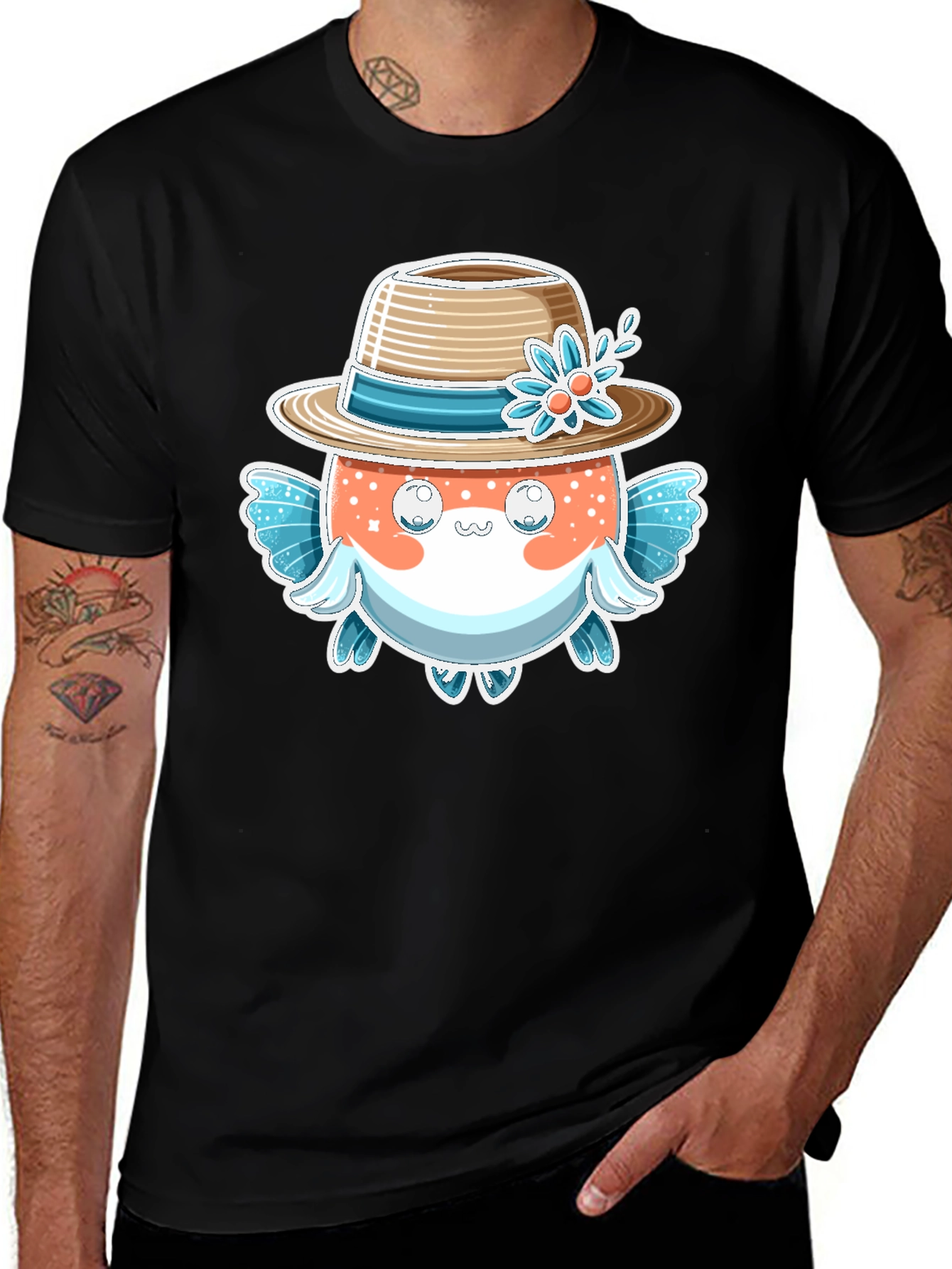 Cute Pufferfish Hat Graphic Tee