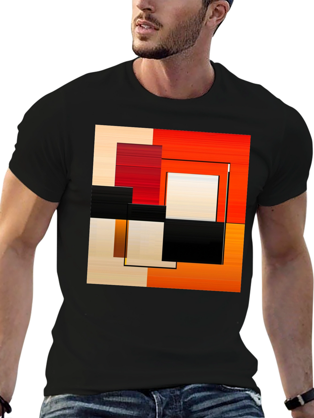 Abstract Geometric Square Graphic Print Black T-Shirt