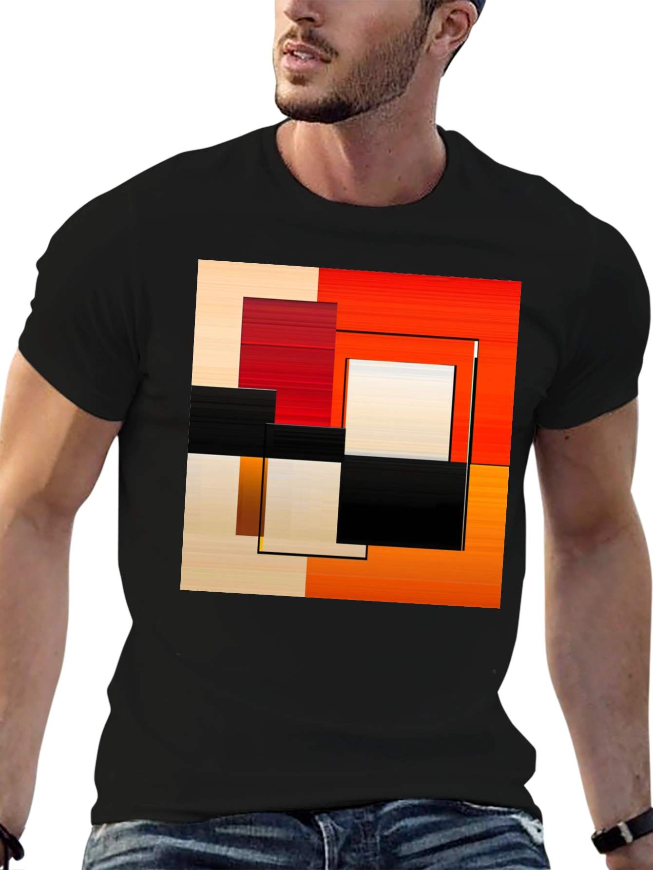 Abstract Geometric Square Graphic Print Black T-Shirt