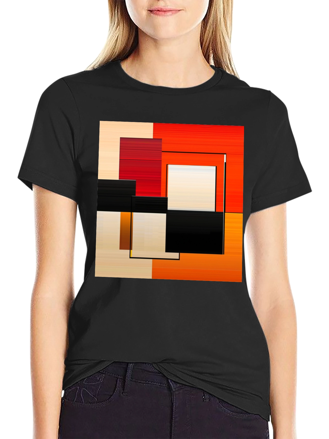 Abstract Geometric Square Graphic Print Black T-Shirt