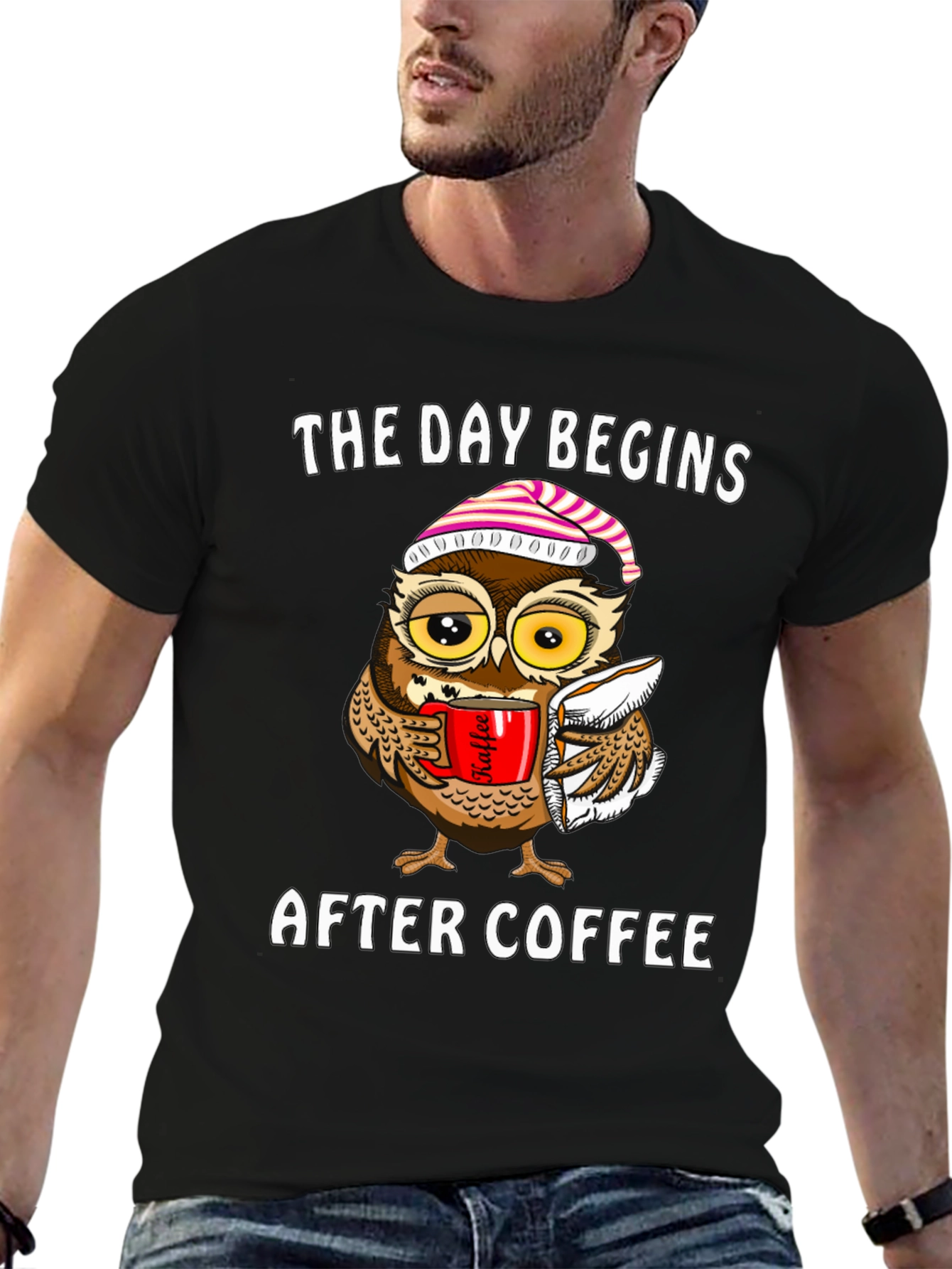 Coffee Owl T-Shirt - The Day Begins After Coffee