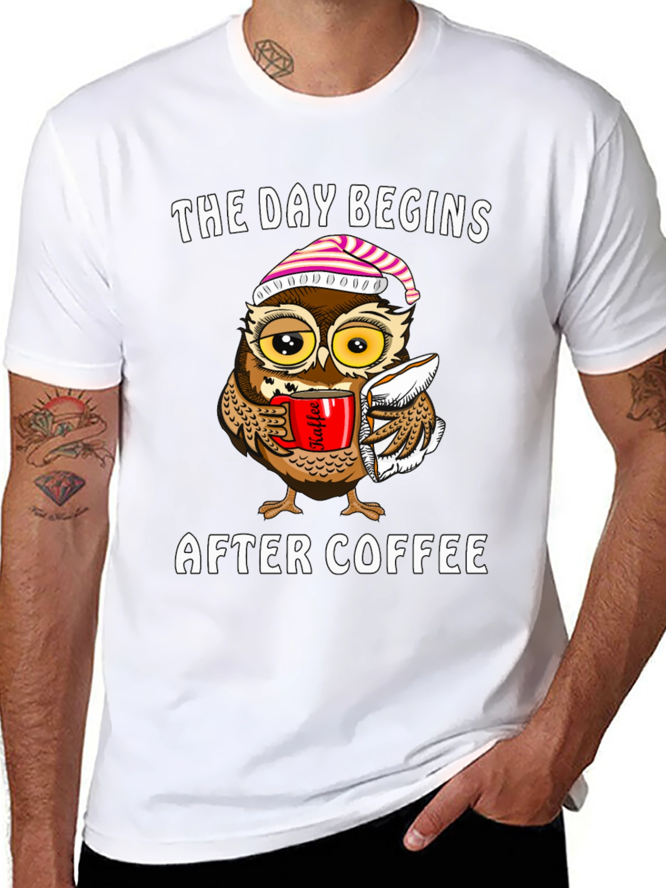 Coffee Owl T-Shirt - The Day Begins After Coffee
